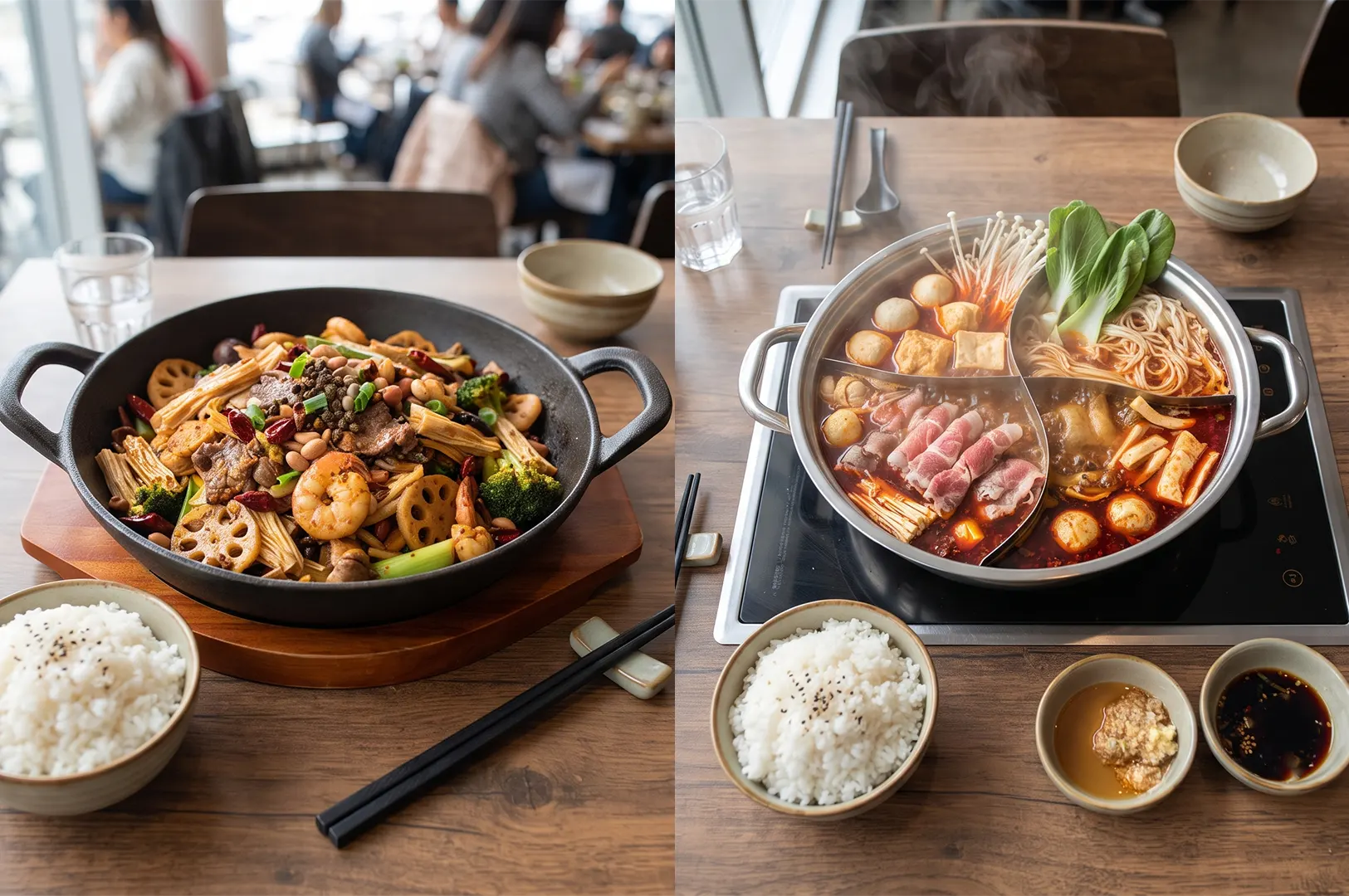 Comparison of dry mala xiang guo in a pan versus a simmering hot pot soup.