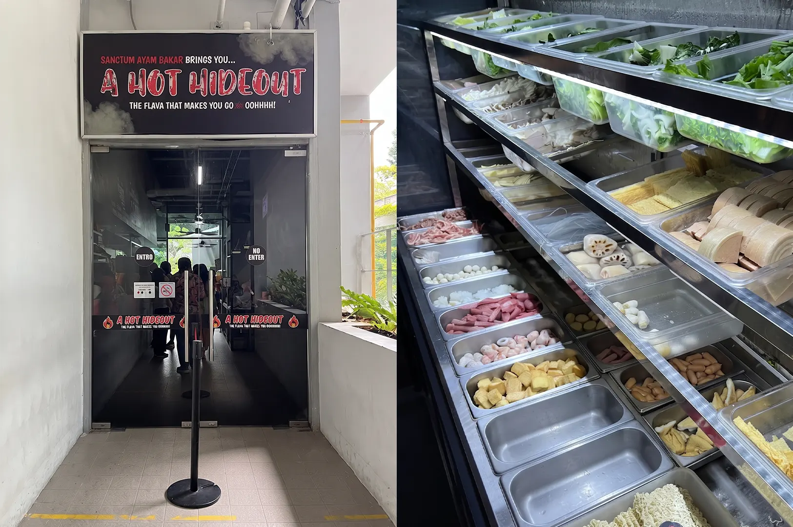 Hot Hideout storefront and fresh ingredients display for mala in Singapore.
