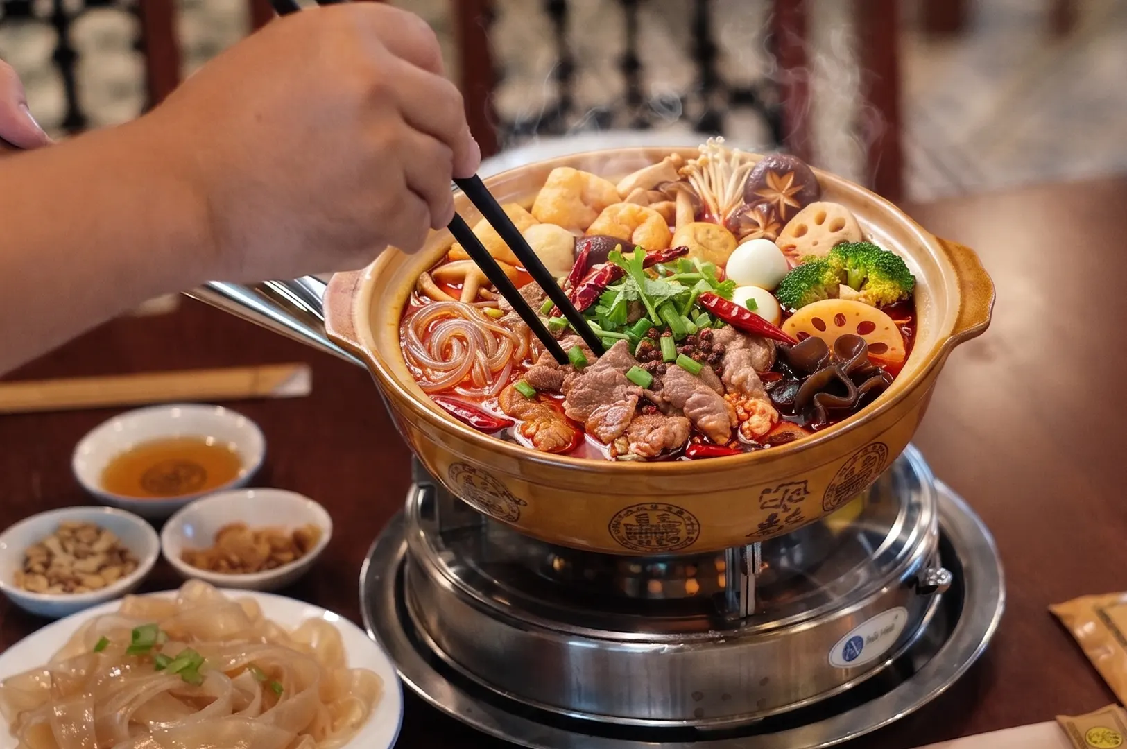 A freshly cooked bowl of mala with vegetables, meat, and noodles ready to eat.