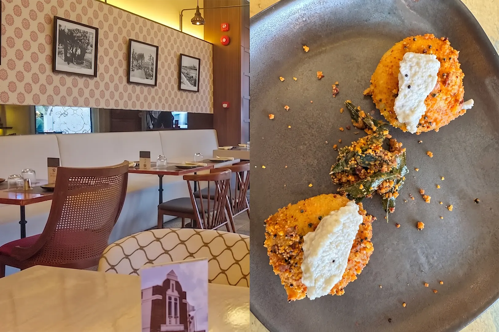Podi-coated idli with white chutney and curry leaves served on a dark plate at Podi & Poriya plant-based restaurant.
