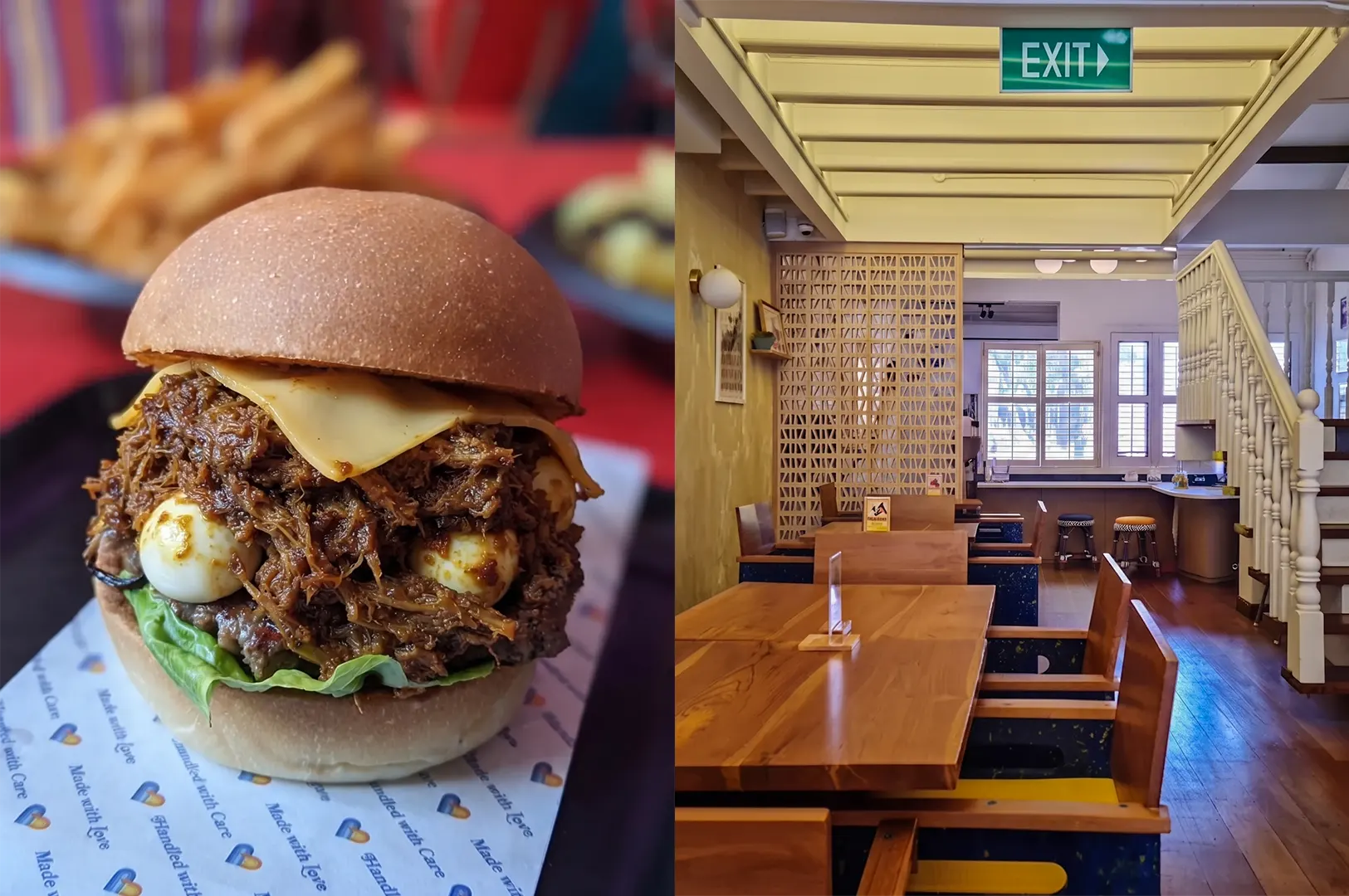 Love Handle plant-based restaurant pulled rendang burger and cozy interior dining area.
