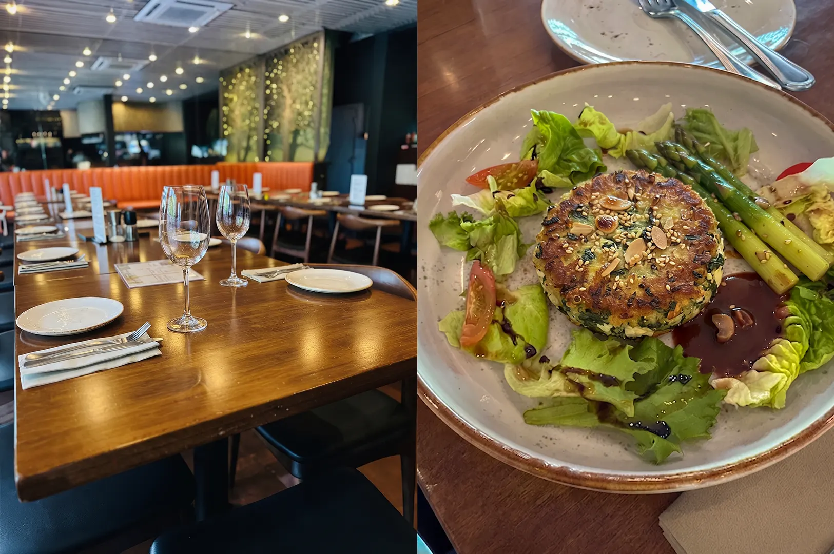 Plant-based restaurant interior and a Bosco Misto dish with a veggie patty, asparagus, and salad at Original Sin.
