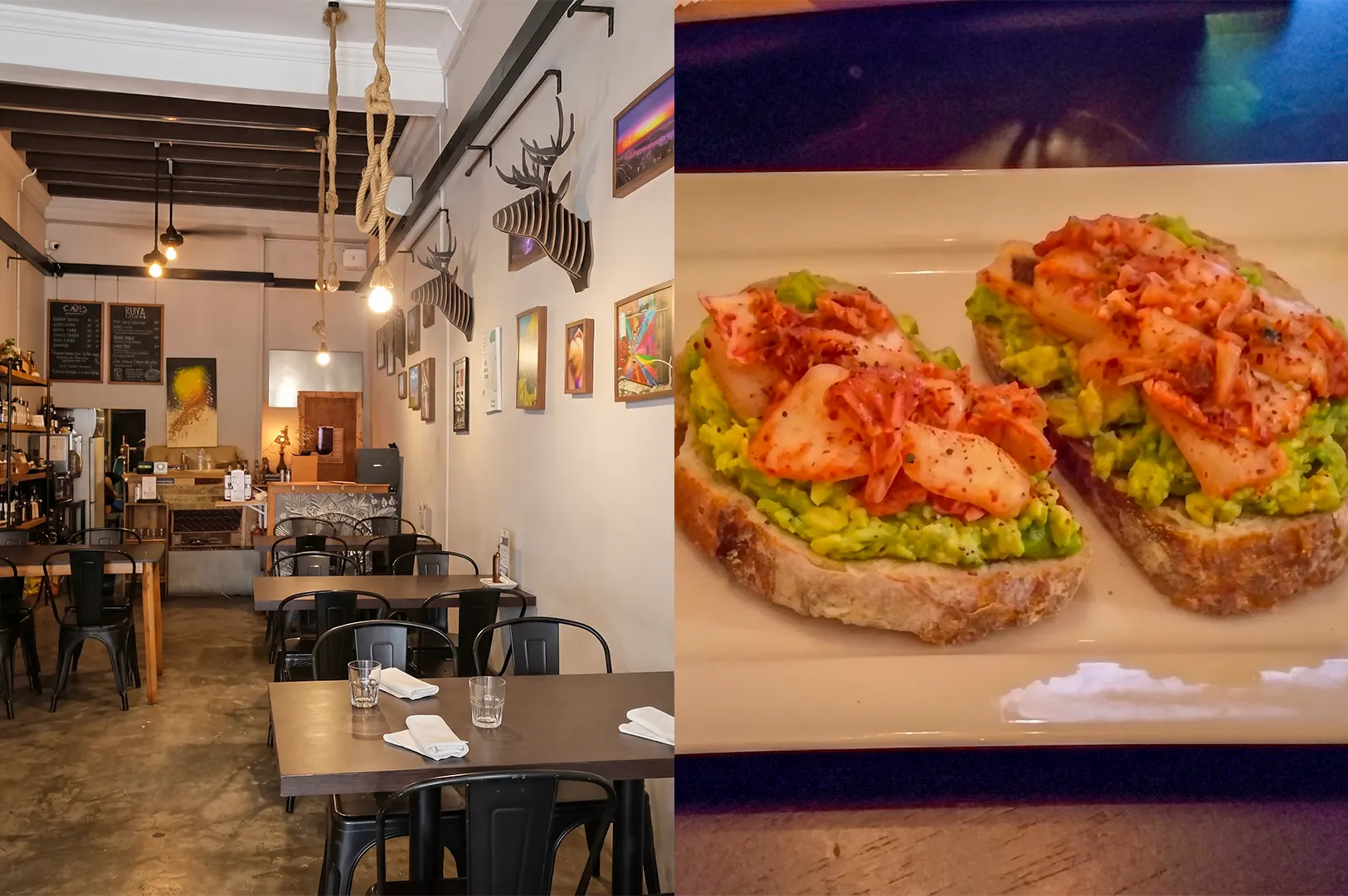 Afterglow plant-based restaurant interior and kimchi avocado toast.