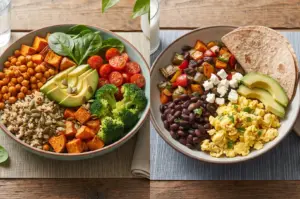 Comparison of a vegan meal with plant-based ingredients versus a vegetarian meal including dairy and eggs.