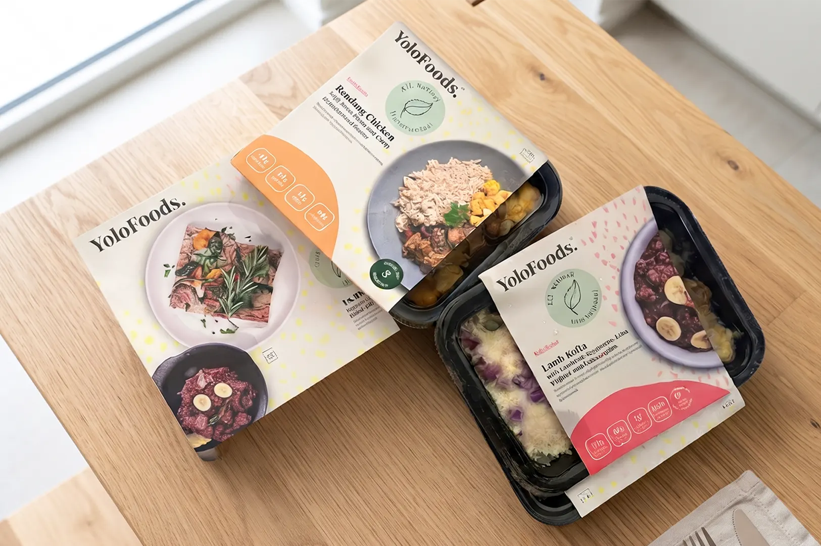 YoloFoods branded frozen meal containers arranged on a wooden table for weekday dinners.