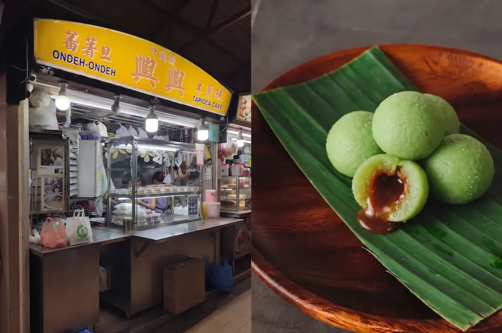 Ondeh-ondeh food stall and close-up of green ondeh-ondeh rice cakes filled with liquid palm sugar on a banana leaf.
