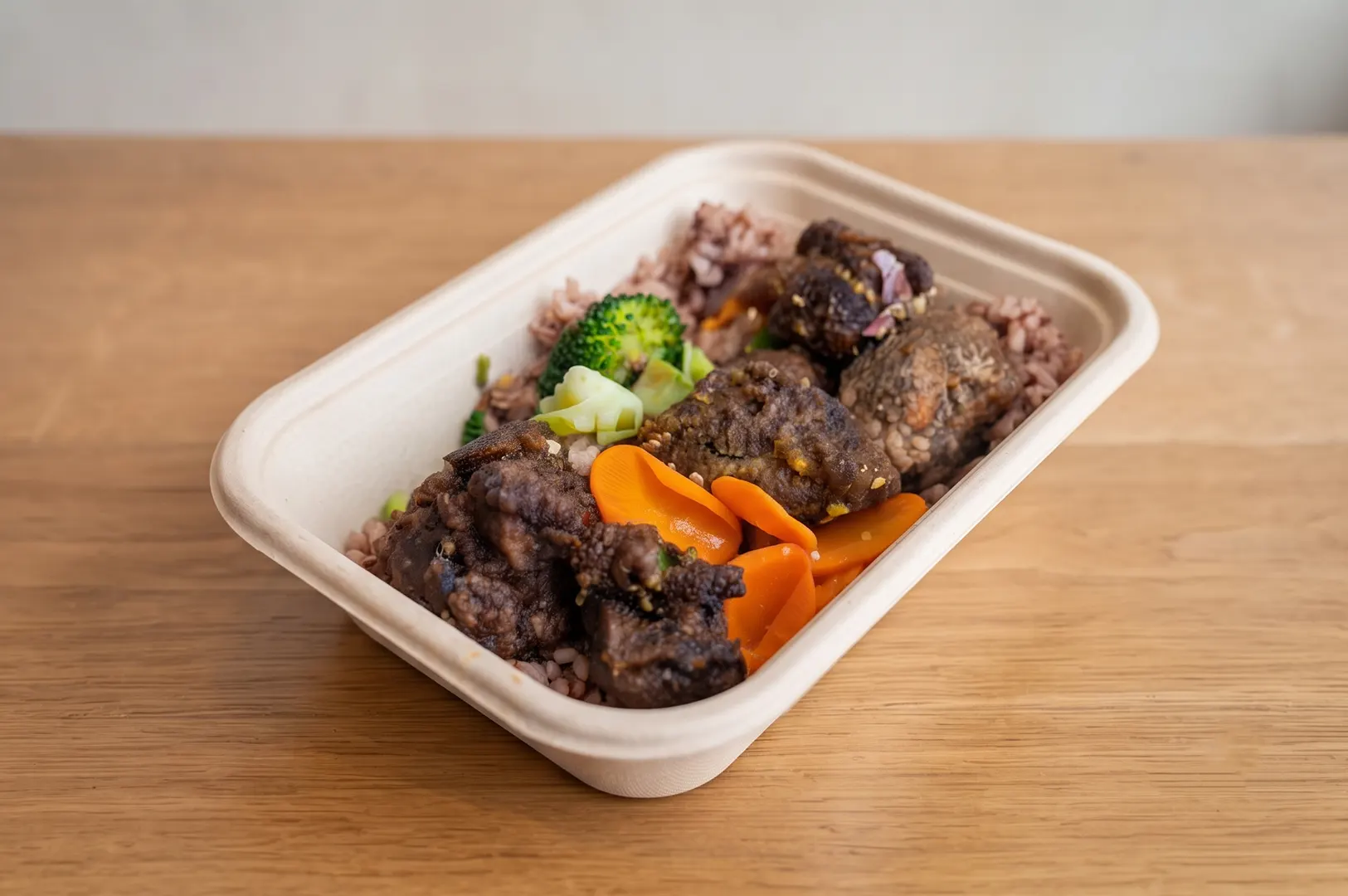 Yummy Bros customisable Asian meal prep container with meat, rice, and vegetables on a wooden table.