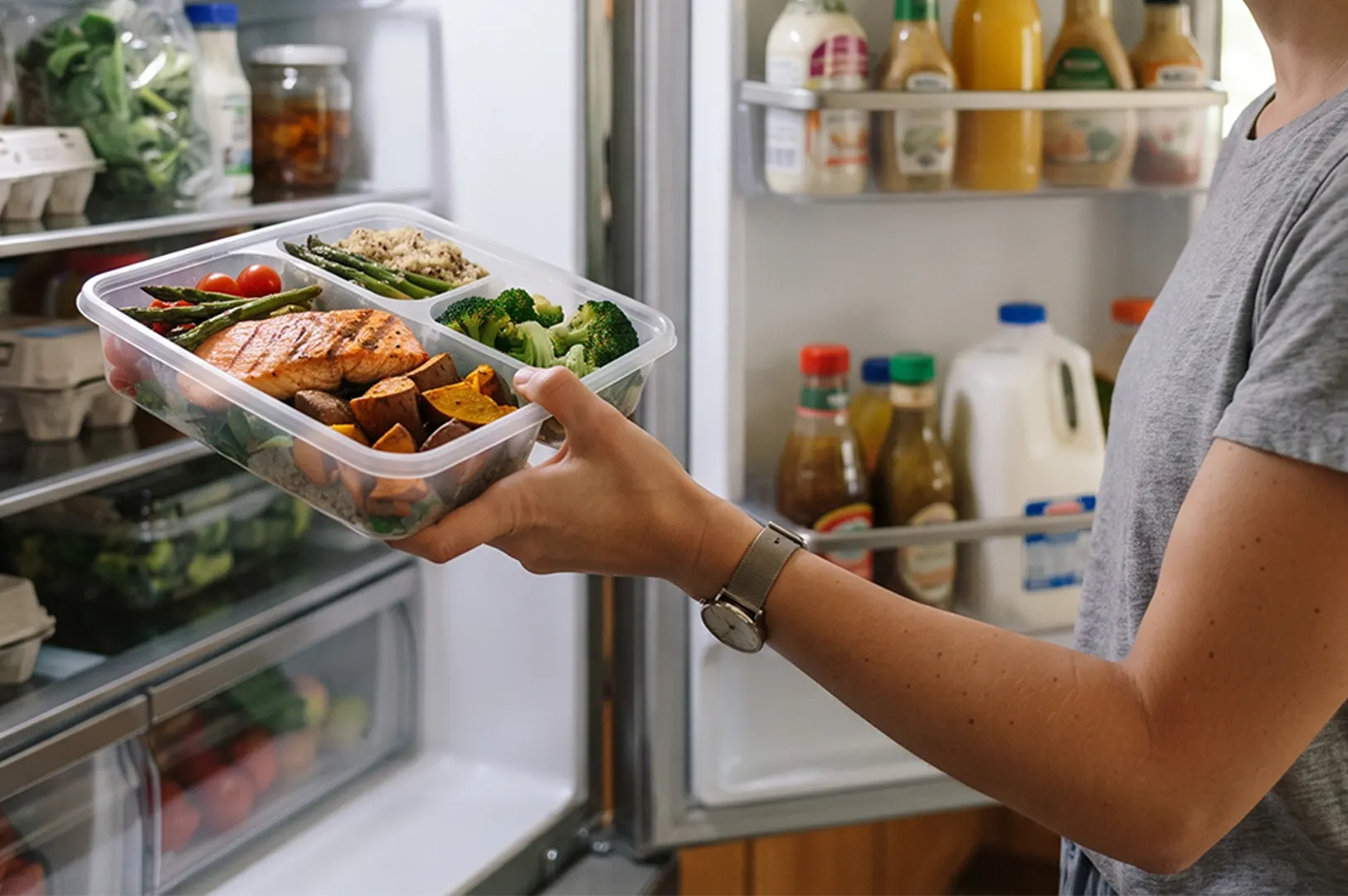 Person taking a healthy meal prep container with salmon, broccoli, and sweet potatoes out of the refrigerator for a quick dinner.