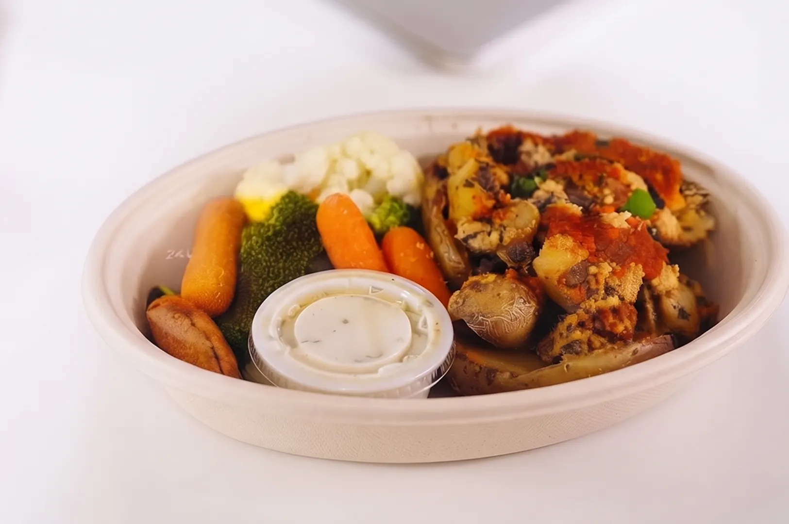 FitThree chilled meal delivery bowl with roasted vegetables, side sauce, and main dish served in an eco-friendly container.