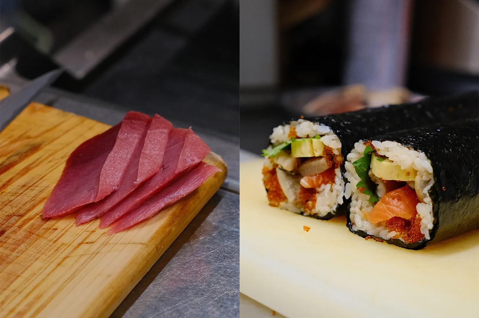 Sashimi slices on a wooden board compared to sliced sushi rolls on a cutting board.