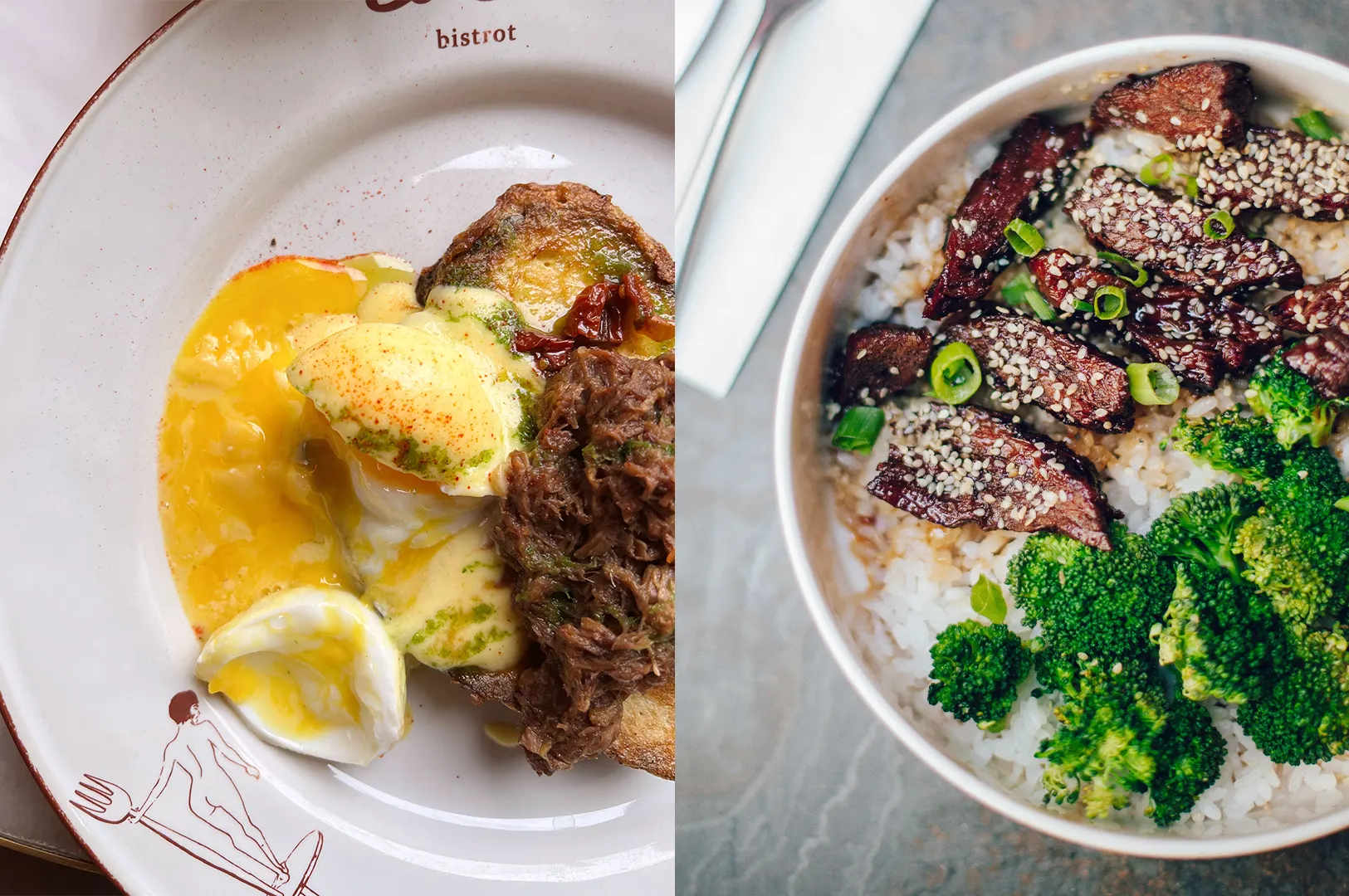 Overhead view of a macro-counted meal featuring poached eggs with beef tenderloin and chimichurri on the left, and a savory beef rice bowl with broccoli on the right.