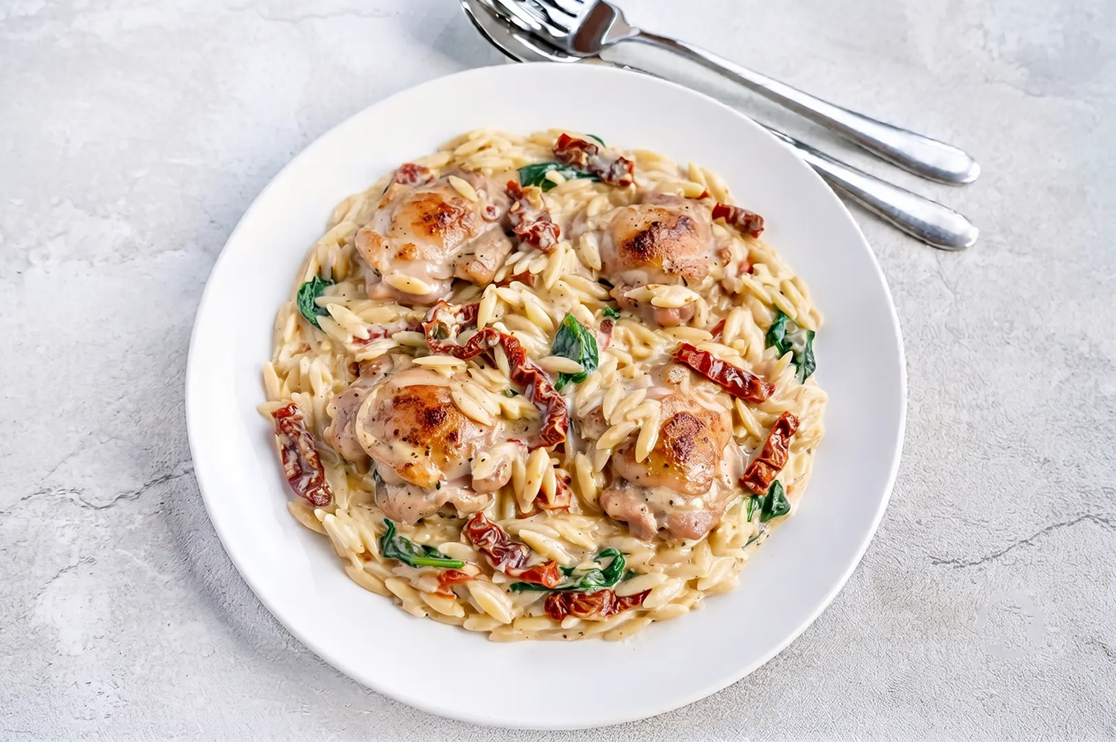 Close-up of Prepped Singapore Marry Me Chicken plated dish with creamy orzo pasta, tender chicken thighs, spinach, and sundried tomatoes.