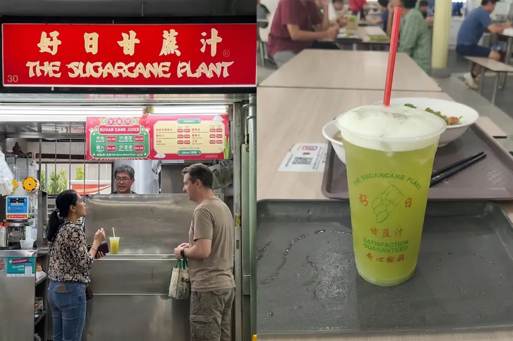 Fresh sugarcane juice at a Singapore hawker center stall called The Sugarcane Plant.