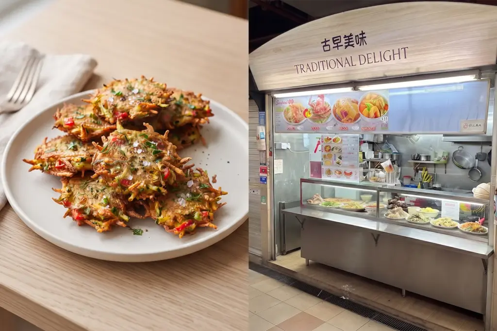 Traditional Delight’s stall and a close-up of its crispy vegetable fritters.