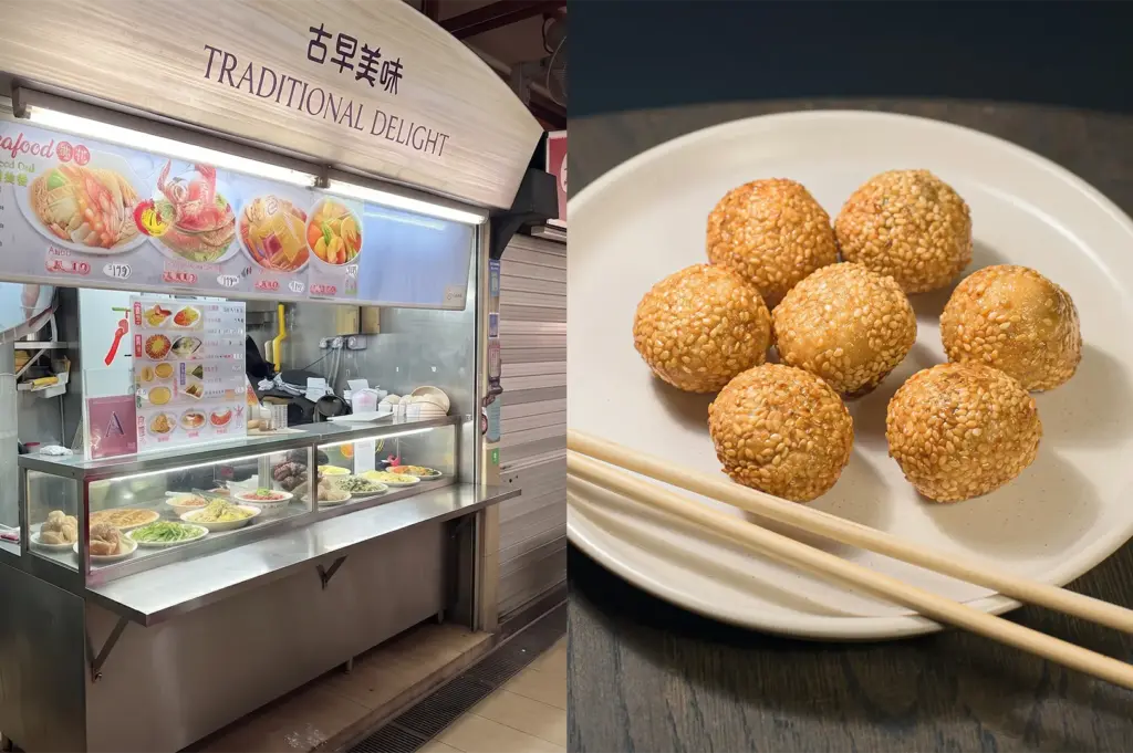 Traditional Delight vegetarian sesame balls on a plate at a Singapore hawker food stall.