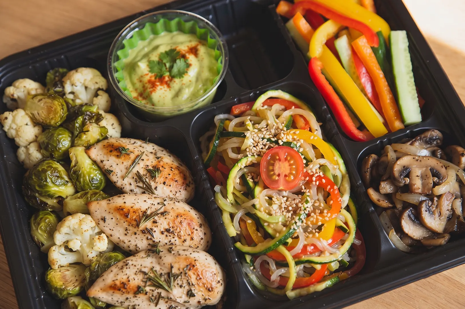 A structured keto meal prep container with grilled chicken breasts, roasted cauliflower, brussels sprouts, zucchini noodles, and fresh bell pepper sticks for healthy weight loss.