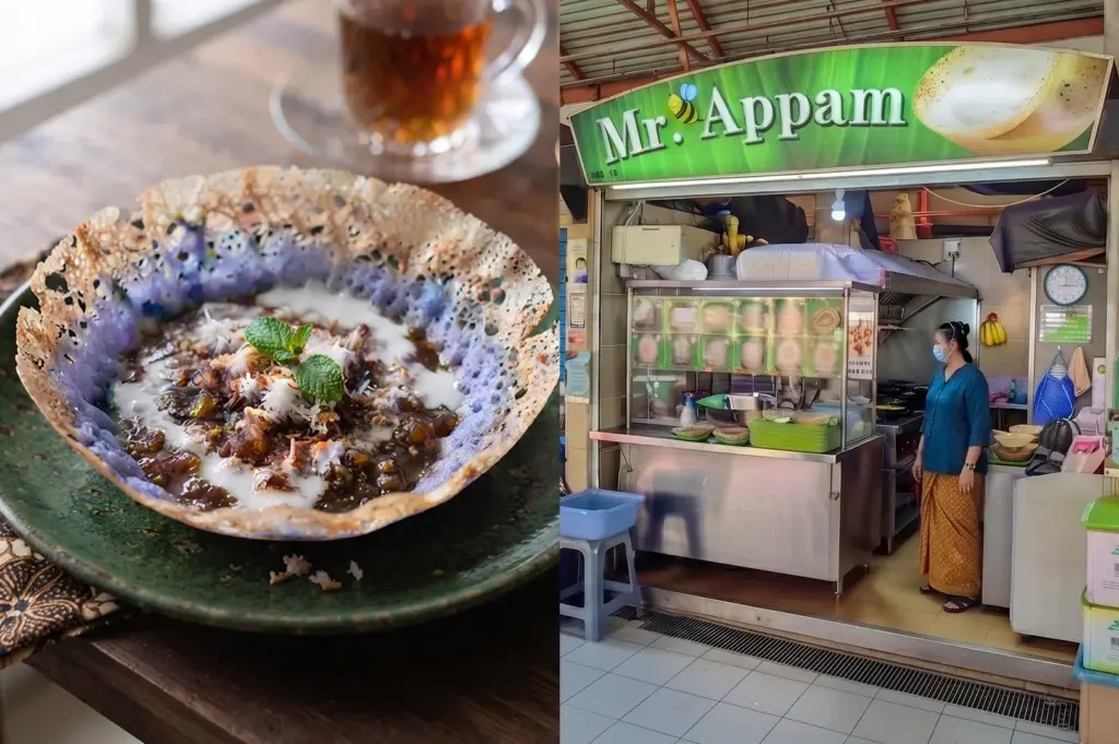 Close-up of butterfly pea gula melaka appam next to the Mr. Appam stall storefront.