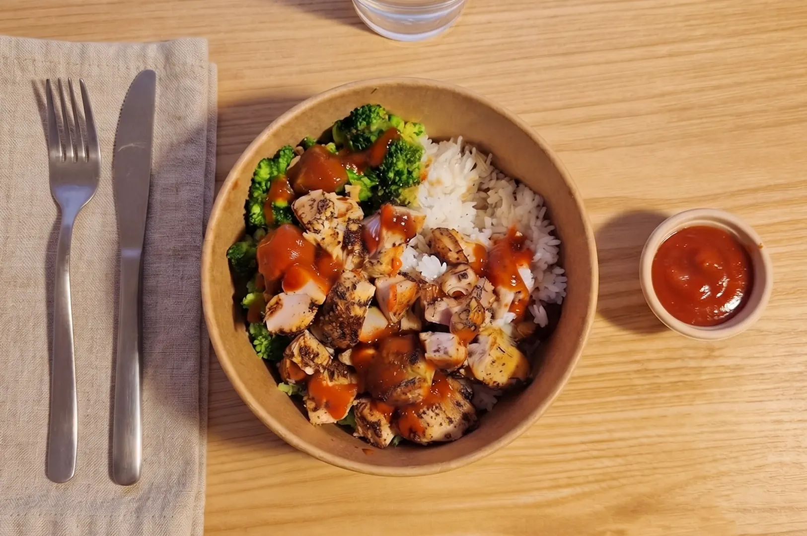 Overhead shot of a macro-friendly chicken, rice, and broccoli fitness bowl with sauce from Muscle Prep at KINEX, served in a paper takeaway container on a wooden table.
