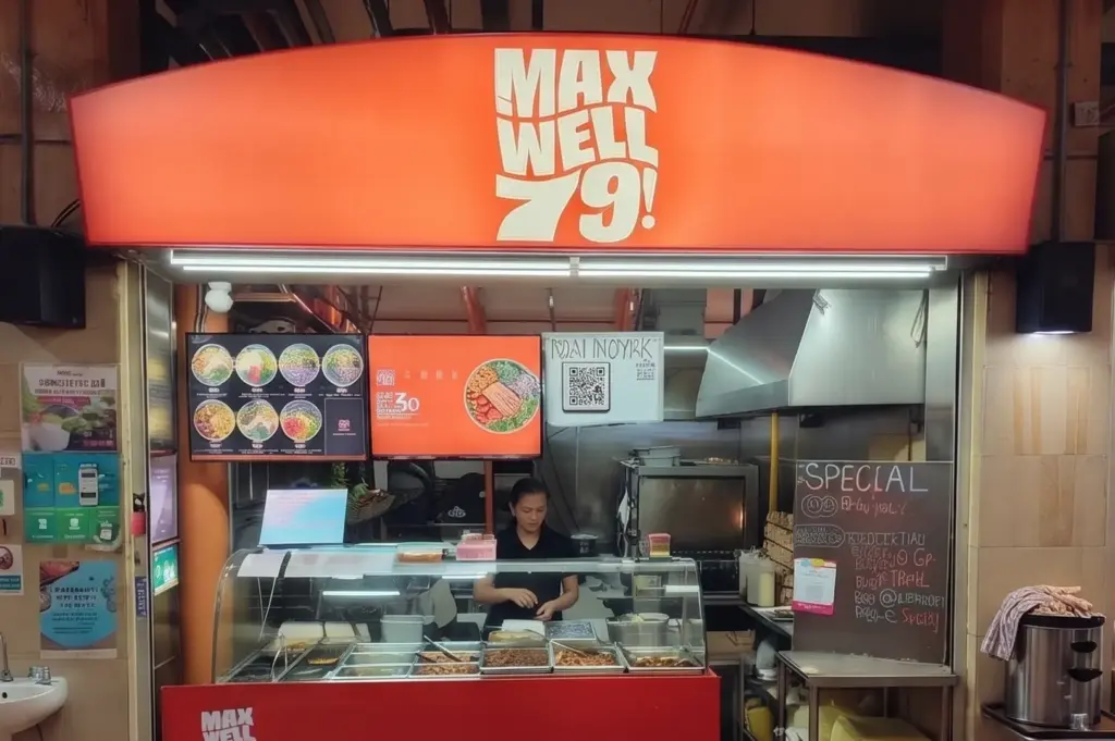 Maxwell 79 food stall storefront at a hawker center with a red sign and food displays.
