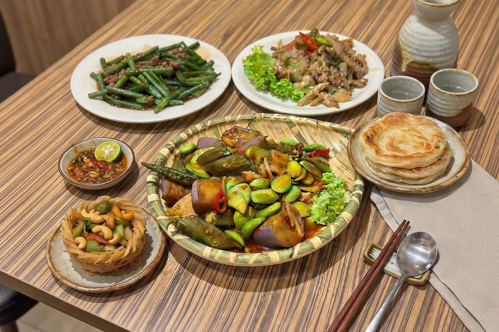 A spread of signature dishes at Zi Zi Vegetarian Tampines featuring crispy prata, golden yam ring, and other comforting vegetarian favorites.