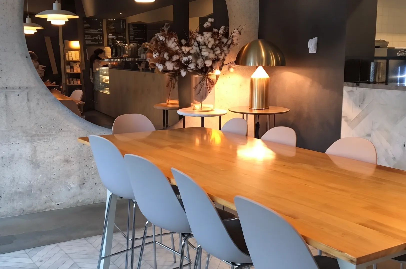 Cozy wooden dining table and modern seating inside Real Food cafe at Orchard Central, Singapore.