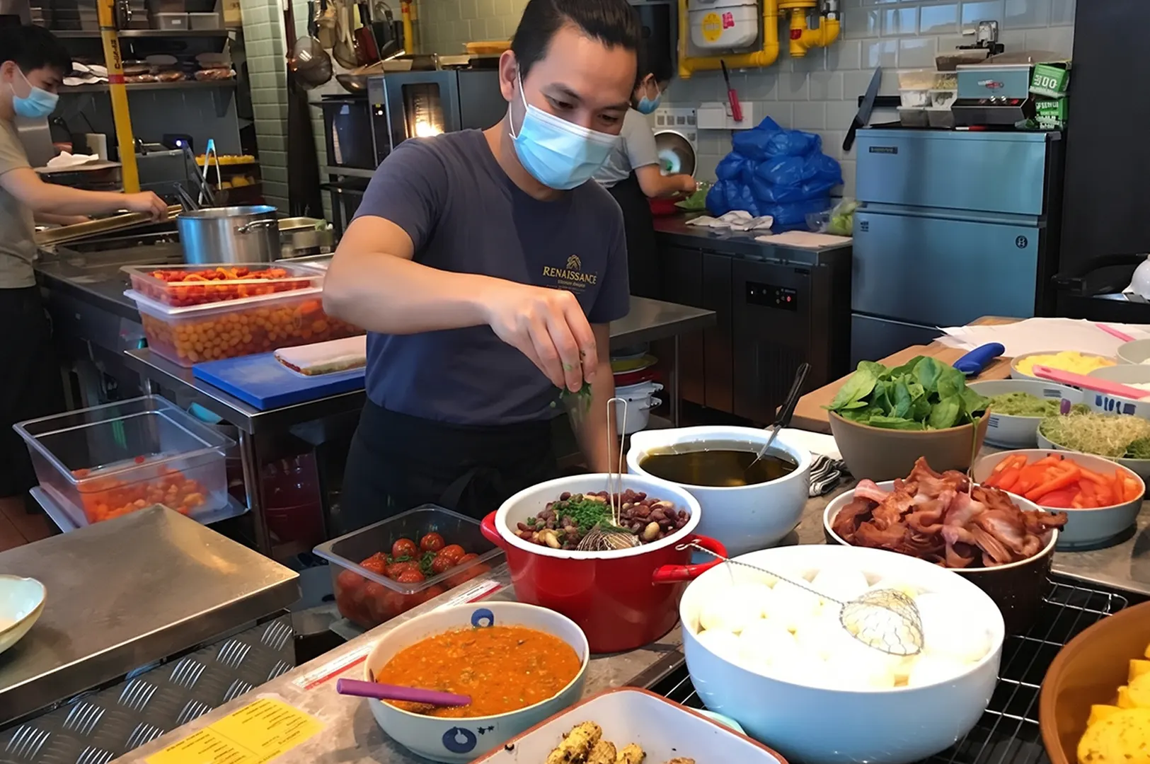 Chef preparing fresh ingredients for grain bowls: rice, beans, chicken, and vegetables.