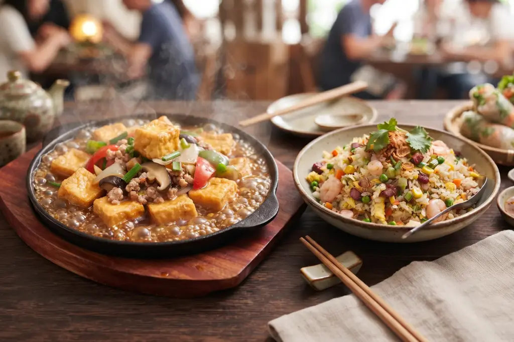 Sizzling hotplate tofu served with a bowl of flavorful fried rice on a wooden table.