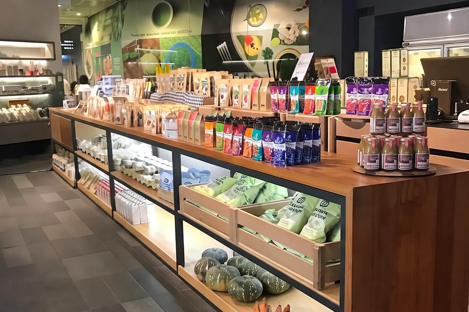Real Food Orchard Central ordering counter and product display shelves.
